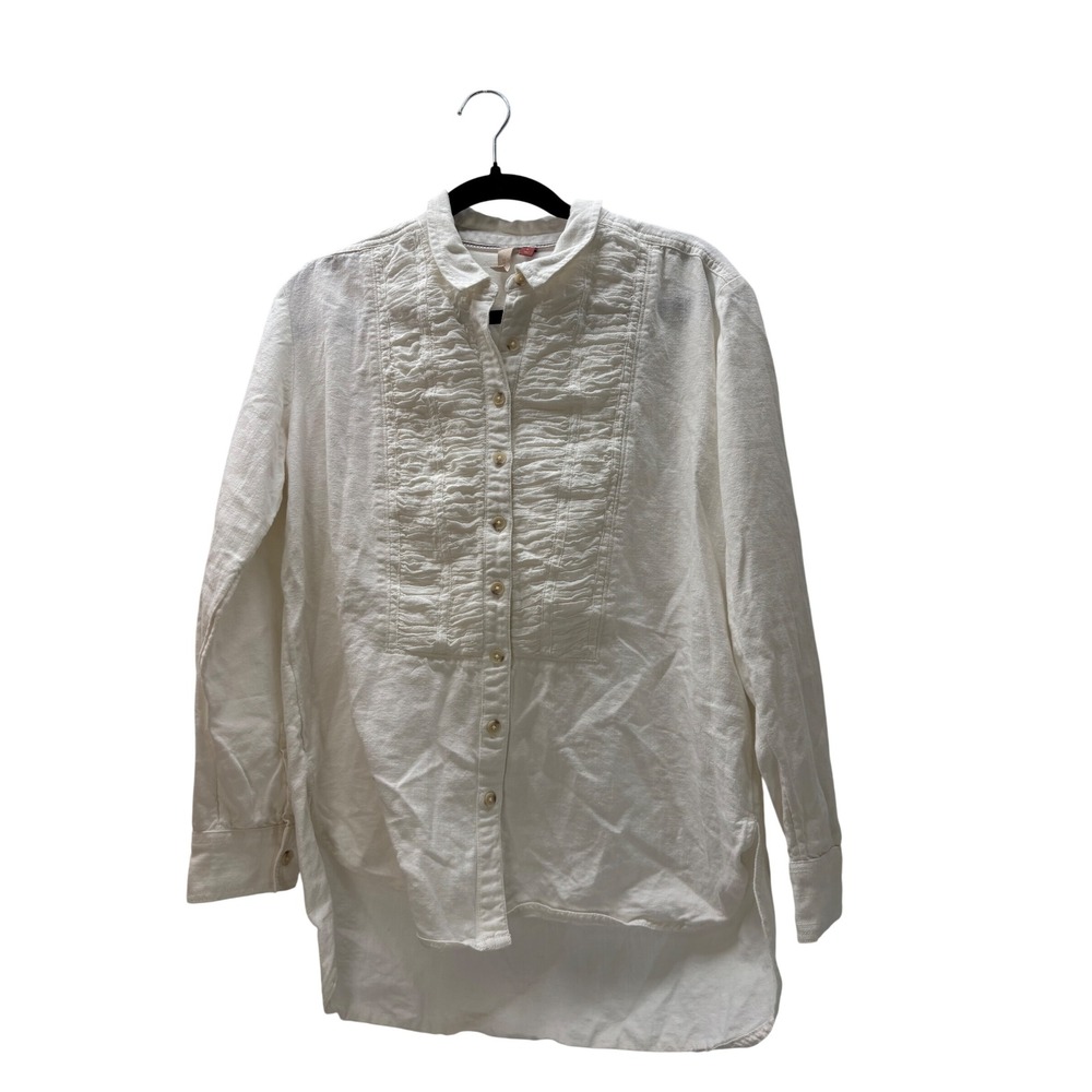 Pilcro White Cotton Linen Ruffle Tuxedo Bib Button Down Shirt Small